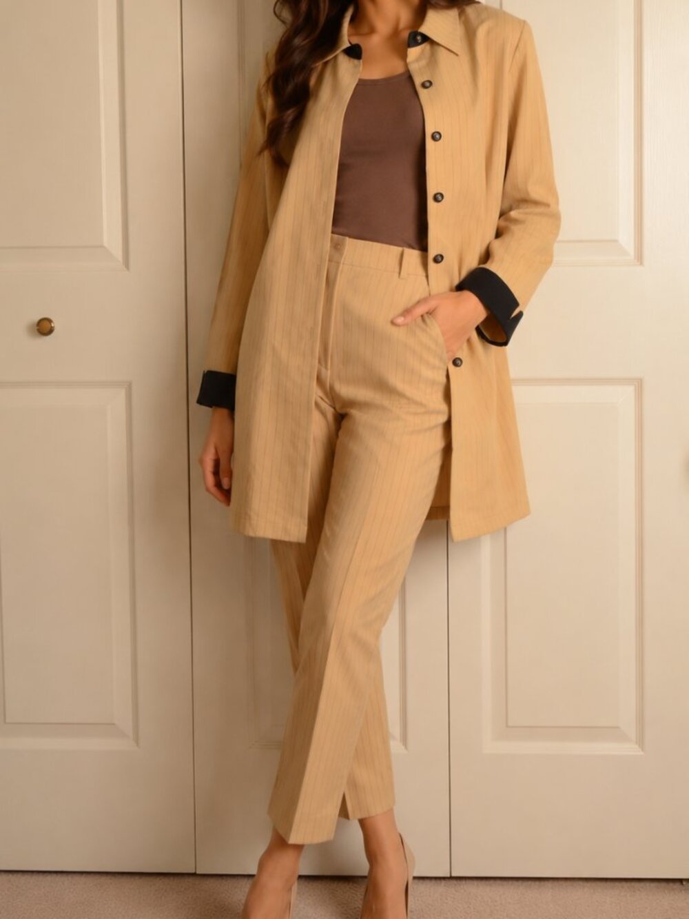 Blair Boutique Womens Longline Pinstripe Jacket Beige Black Career Office Duster